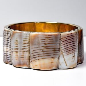 Vintage Shell Panel Bangle Bracelet Wide Natural Shell Mid Century Resort Style